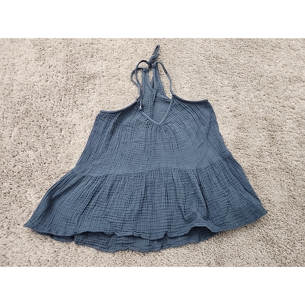 Karlie Halter Top Womens S Blue Crinkle Gauze Peplum V-Neck Tie Strap Boho